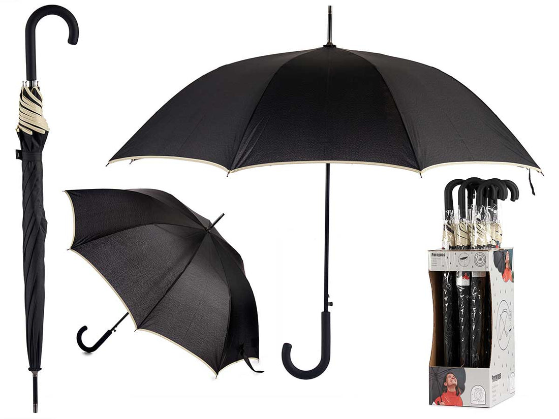 8 Ribs Black Umbrella With Biege Pipping