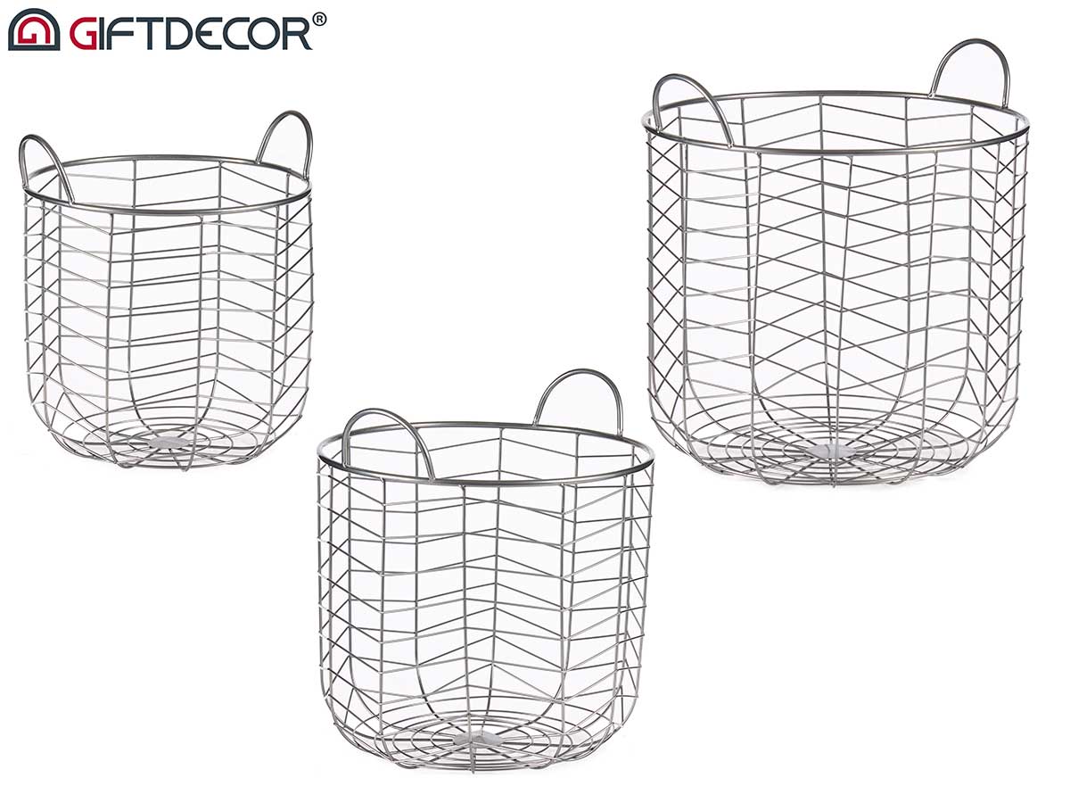 Set 3 Silver Round Baskets With Handles