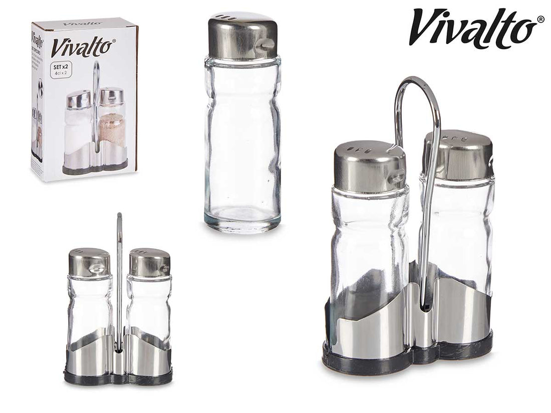 Salt &amp; Pepper Glass With Stainless Steel Support