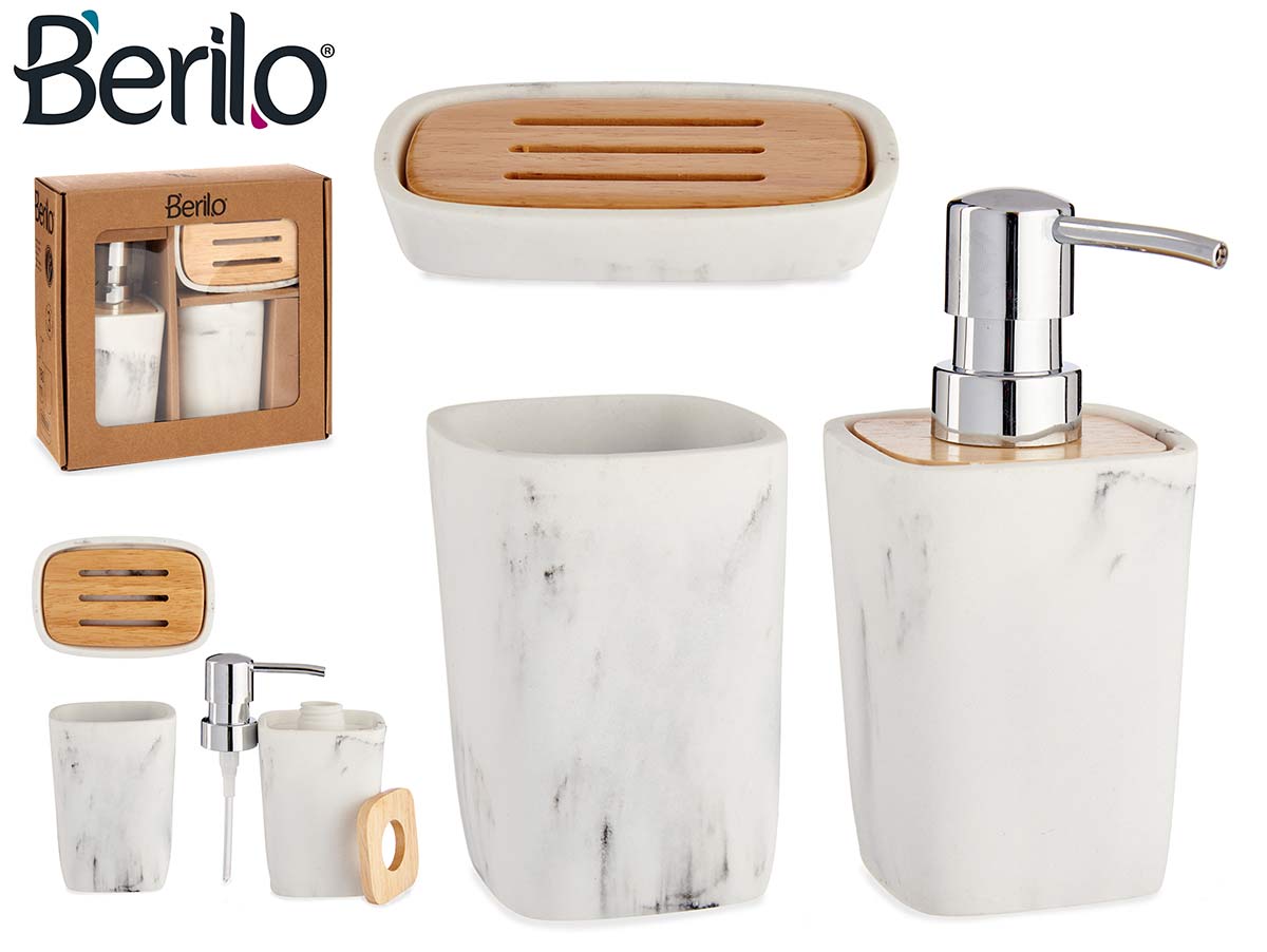 Conjunto de banheiro de plástico branco e bambu