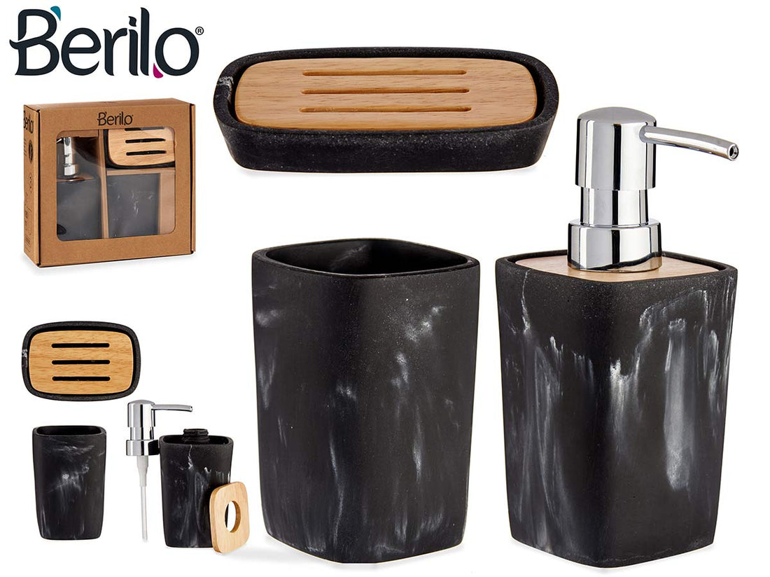 Black Plastic &amp; Bamboo Bathroom Set