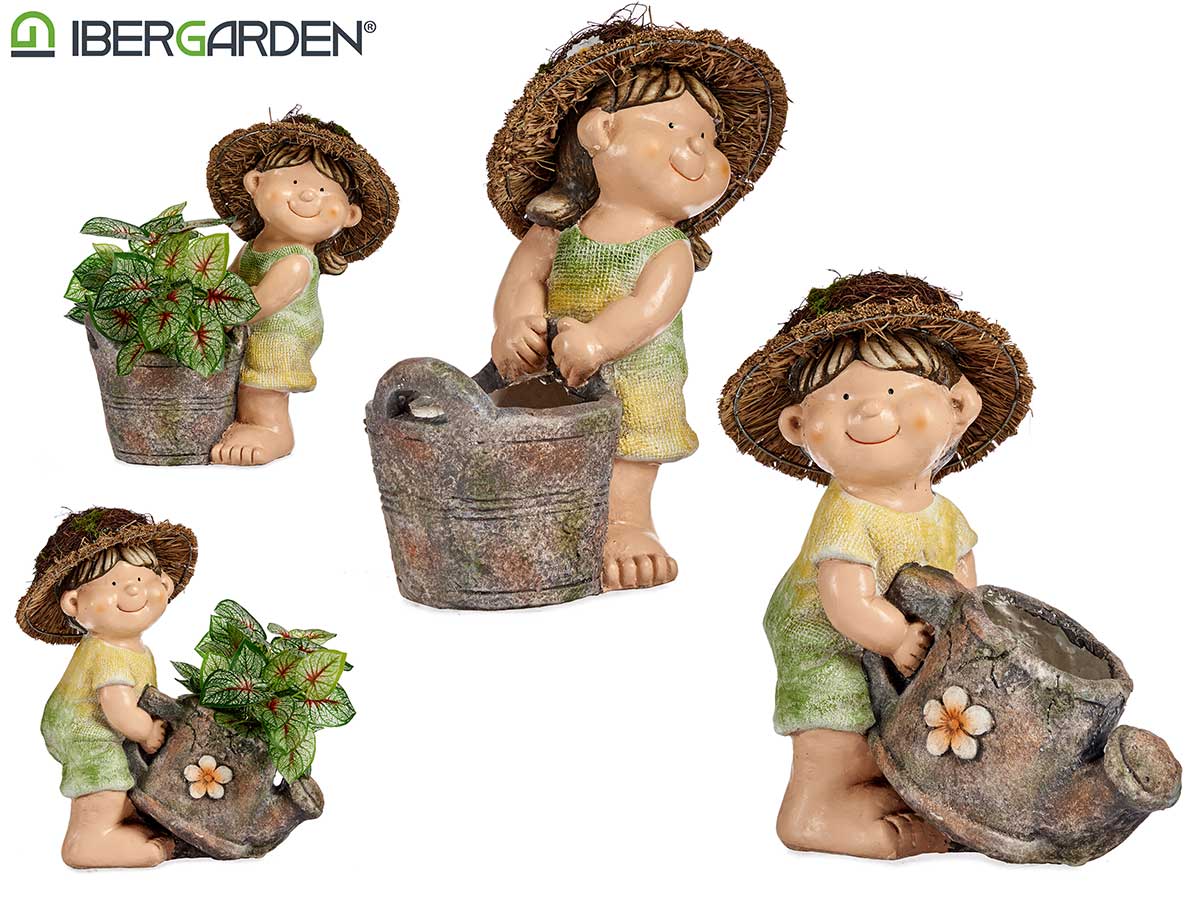 Asst 2 Polyresin Child Flowerpot And Watering Can