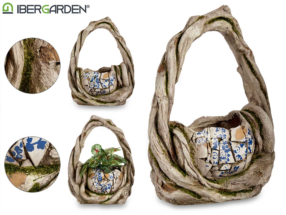 Polyresin Rustic Basket For Garden 43,5Cm