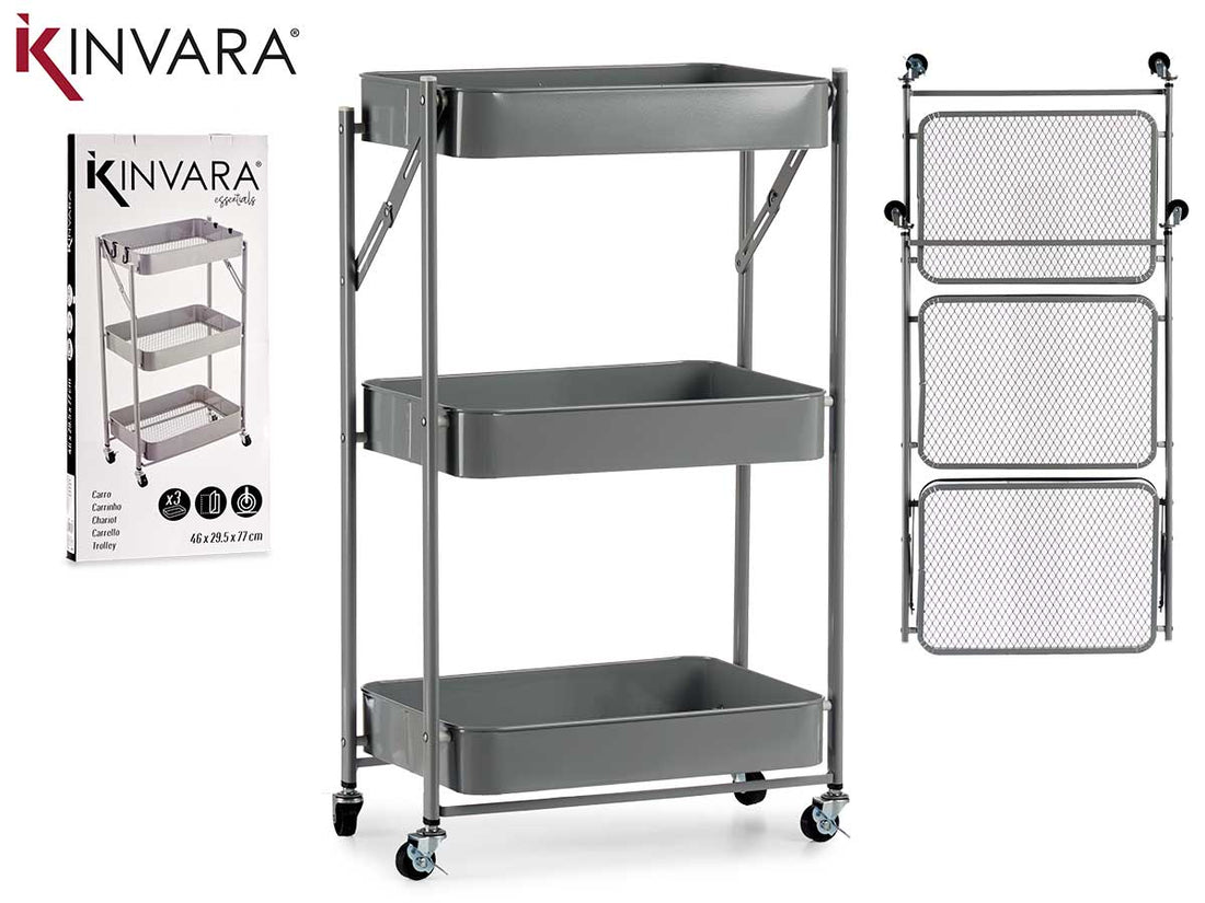 3 Tier Foldable Grey Storage Cart