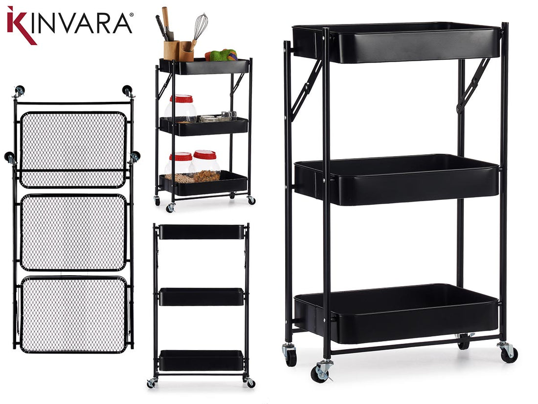 3 Tier Foldable Black Storage Cart