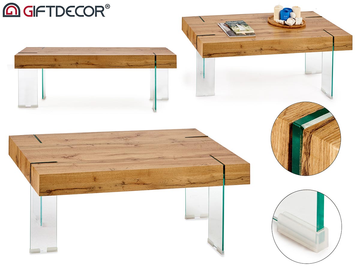 Mesa de centro de madera con patas de vidrio