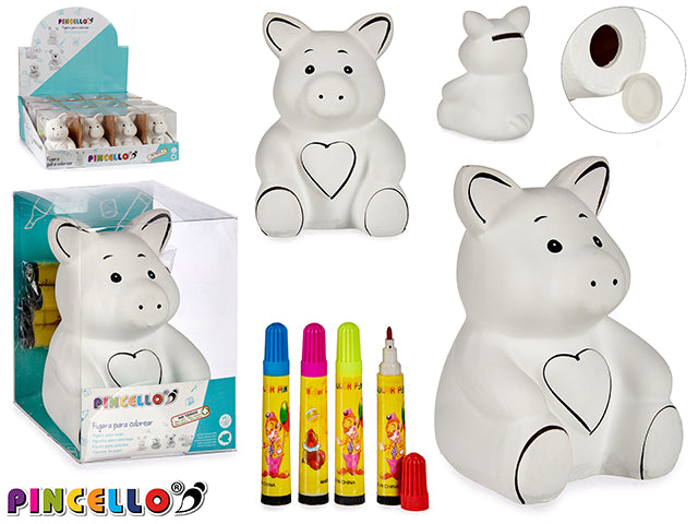 Cerâmica Pig Moneybox com 4 canetas com ponta de feltro