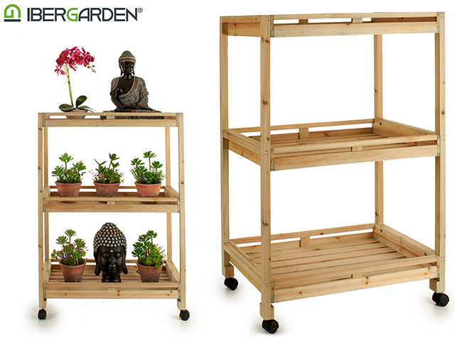 Wooden Trolley 3 Shelfs 4 Wheels Natural