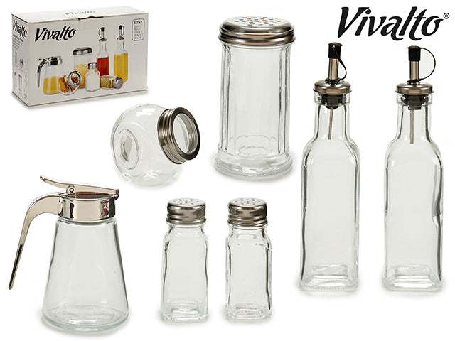 Set 7Pzs Botellas Cristal Condimentos Cocina