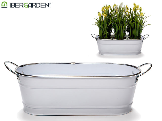 Vaso de jardim branco com 2 alças borda prateada