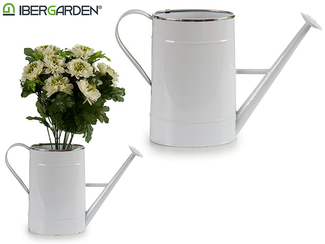 Regador grande oval branco com borda prateada