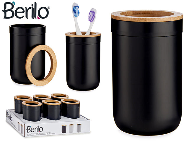 Suporte para escova de dentes preto com topo de bambu