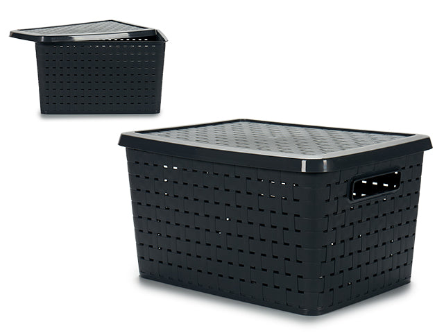 Caja Plastico Rattan 40L Tapa Asas Gris