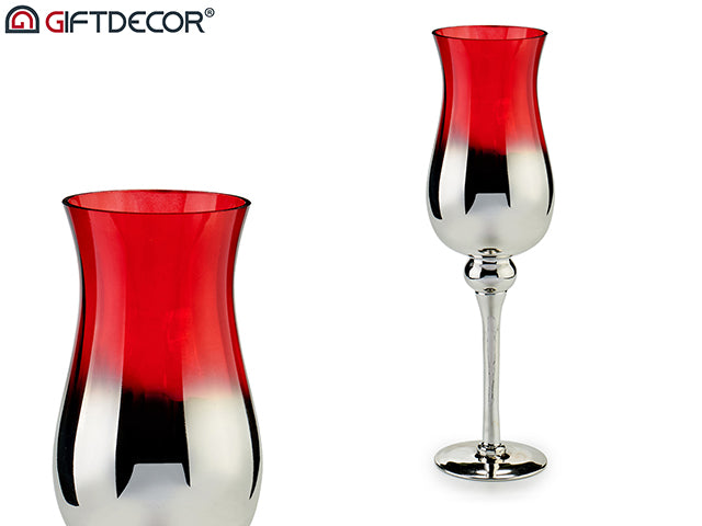 Big Glass Candleholder Cup Silver Red