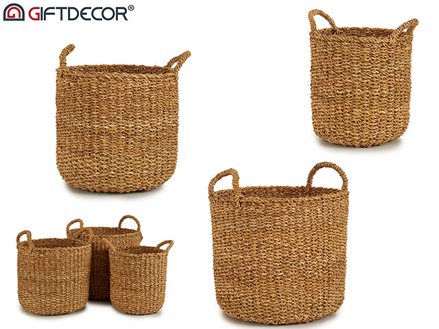 Set 3 Esparto Grass Basket Dented Handle