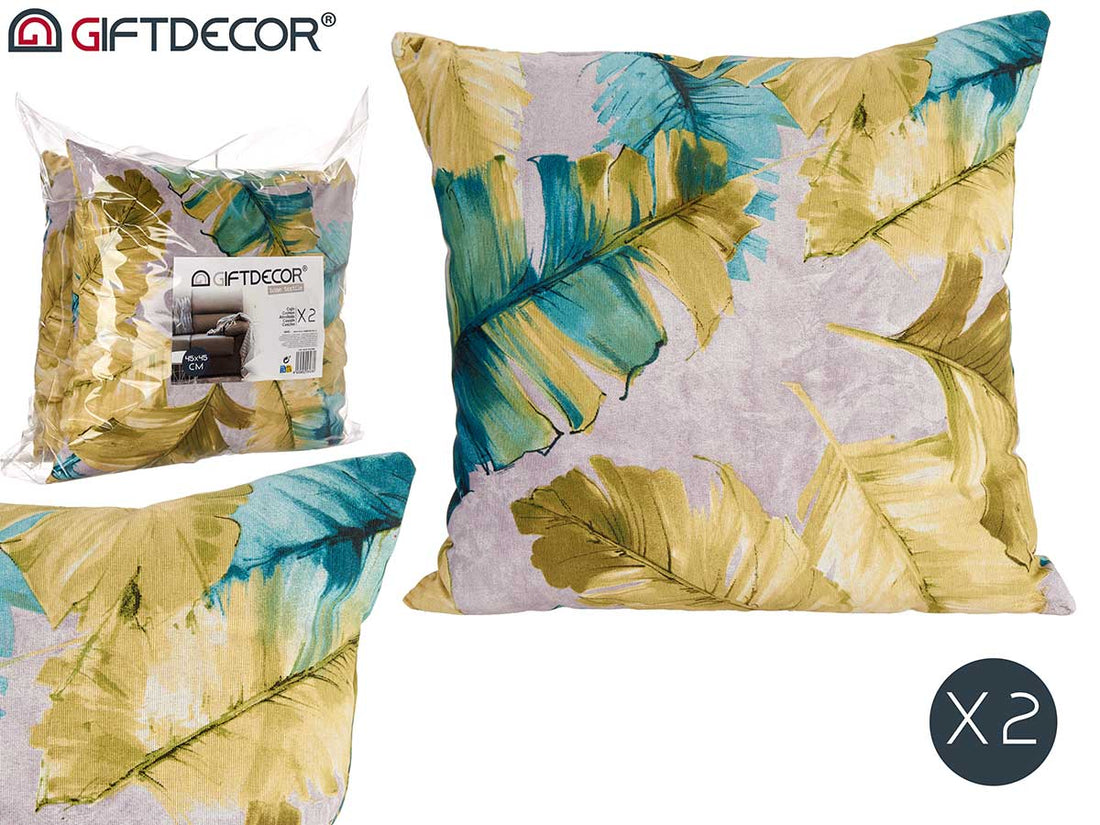 Set 2 Cushions 45 x 45 Leaves Turquoise