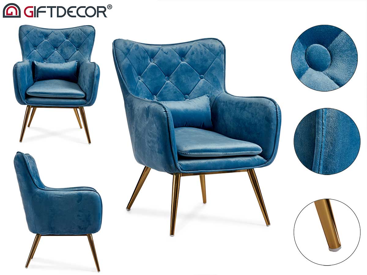 Blue Velvet Armchair With Pillow