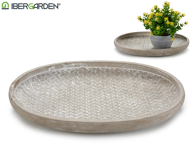 Mesa Cemento Plato Rattan Relieve Oval