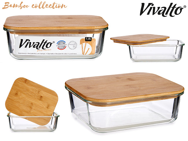 Fiambrera Rectangular De Vidrio Con Tapa De Bambú 1520 ml