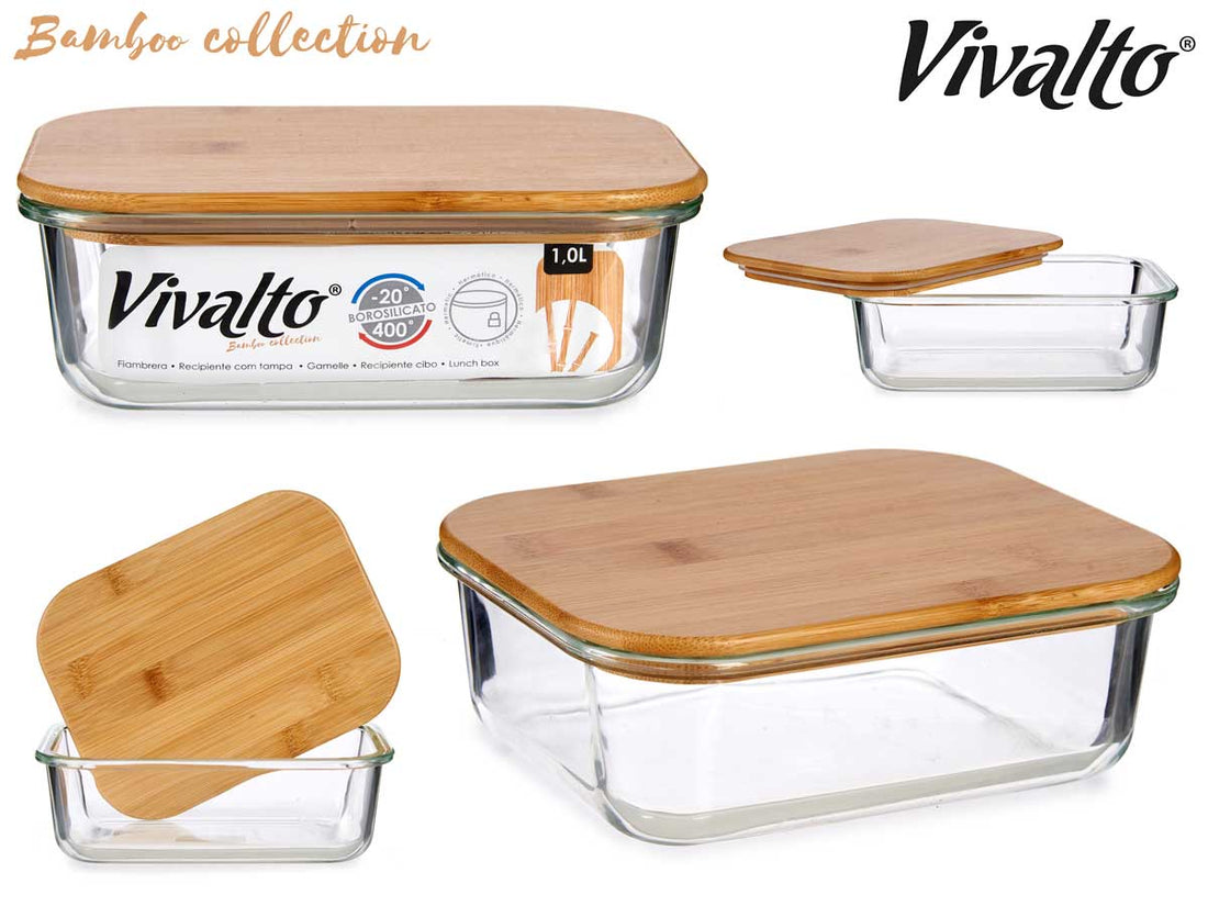 Fiambrera Rectangular de Vidrio con Tapa de Bambú 1040 ml