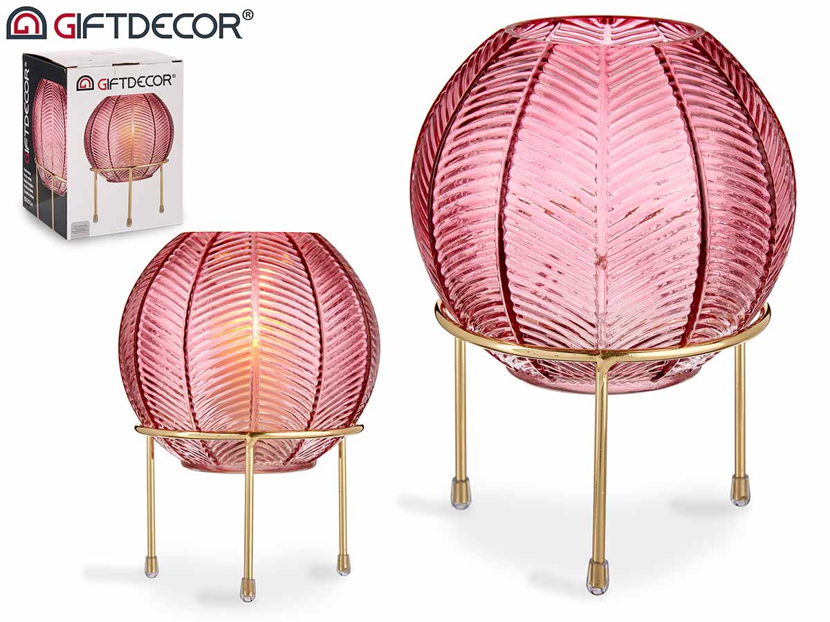 Jarrón bola de cristal rosa con base de metal dorado