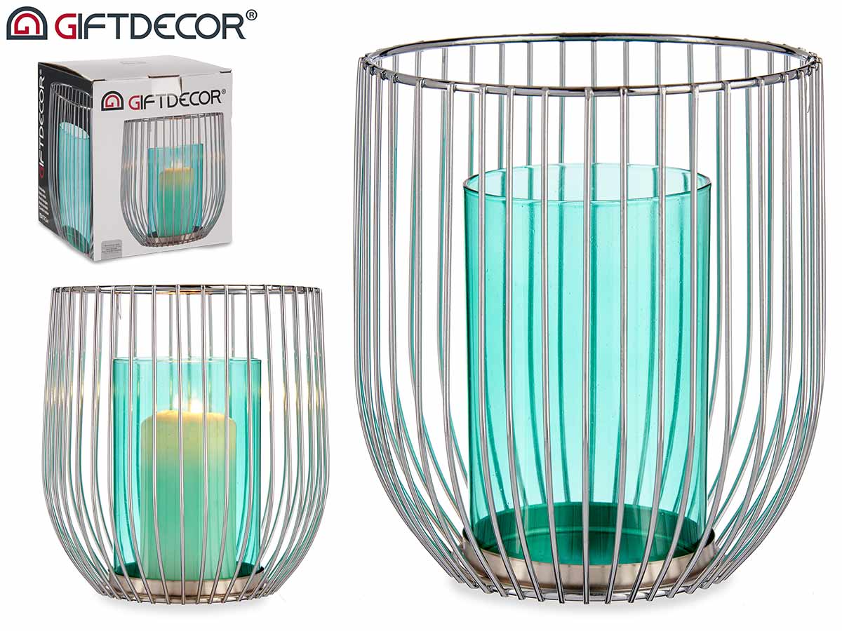 Blue Glass Candle Base Cage Silver Metal