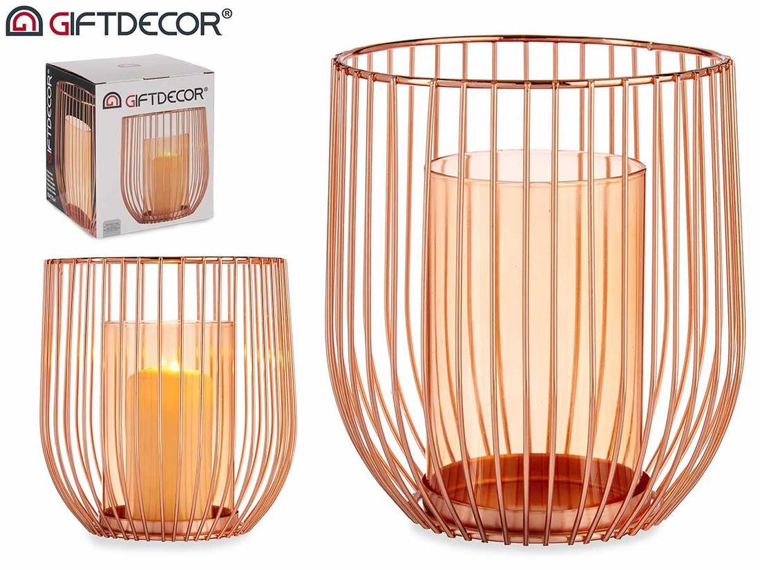 Amber Glass Candle Base Cage Copper Metal