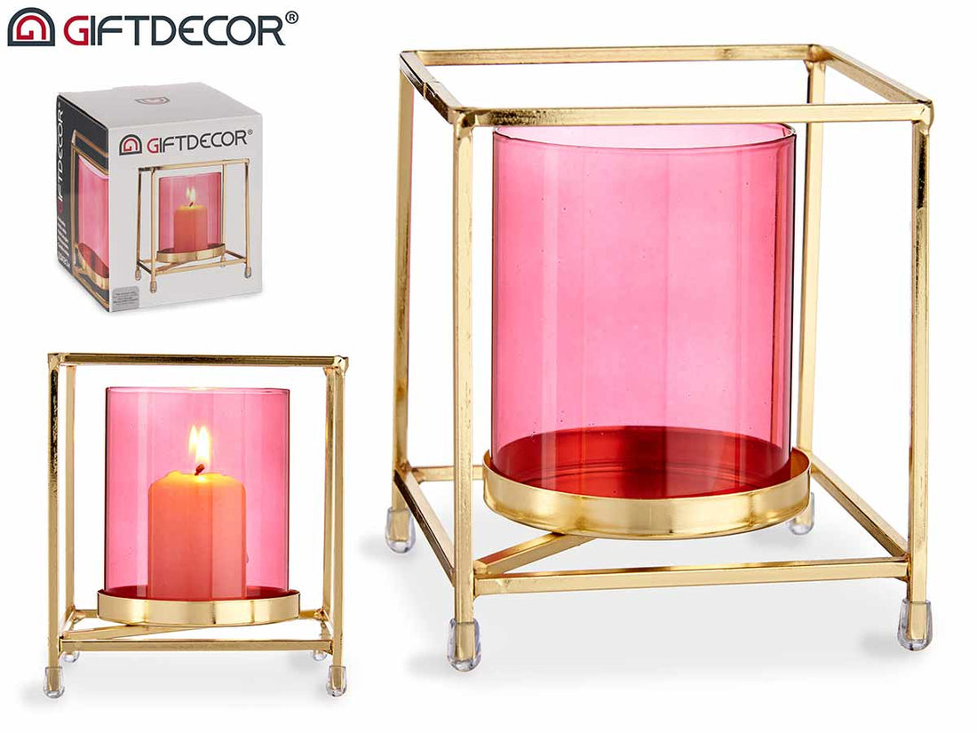 Small Pink Glass Square Gold Metal Candle Base