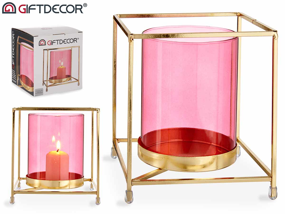 Big Pink Glass Square Gold Metal Candle Base