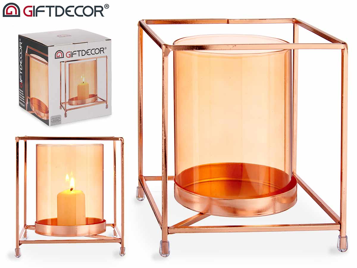 Big Amber Glass Square Copper Metal Candle Base