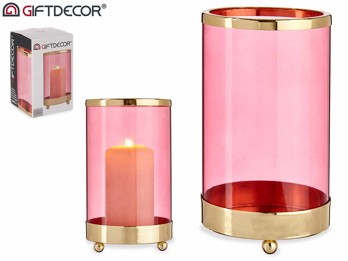 Small Pink Glass Cylindr Gold Metal Candle Base