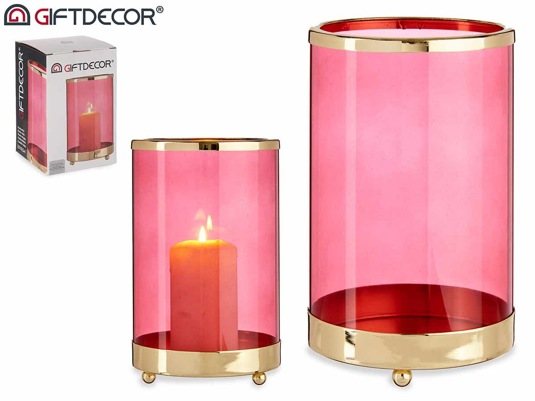 Big Pink Glass Cylindr Gold Metal Candle Base