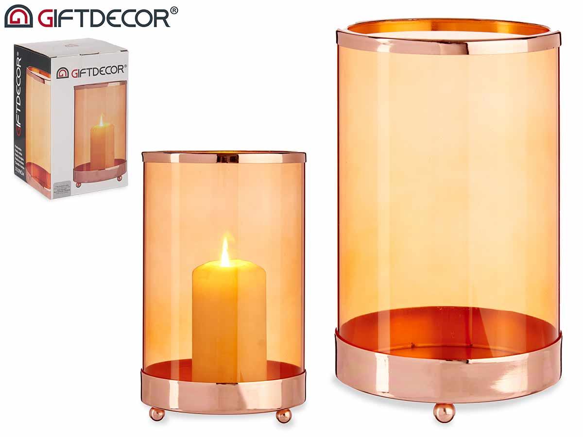 Big Amber Glass Cylindr Copper Metal Candle Base