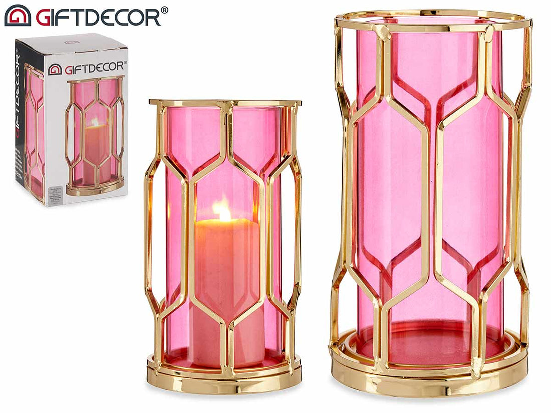 Pink Glass Gold Metal Candle Base