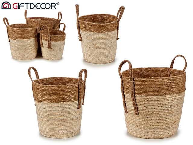 Set 3 Straw Baskets Round Bicolor