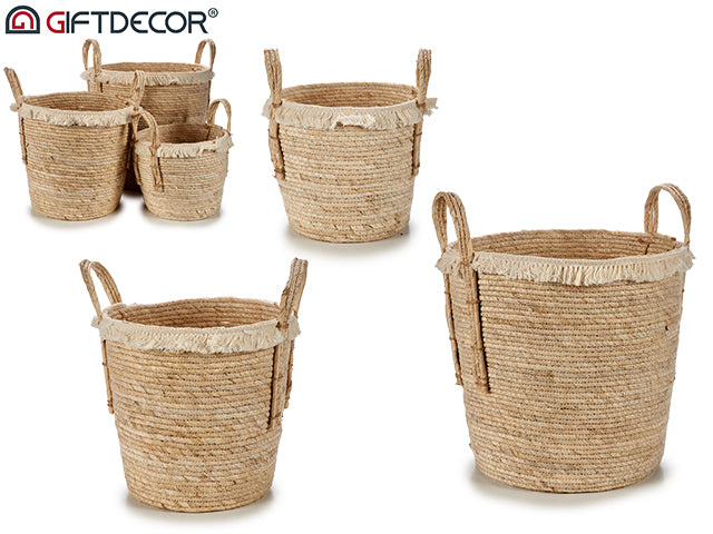 Set 3 Straw Baskets Round With Hair