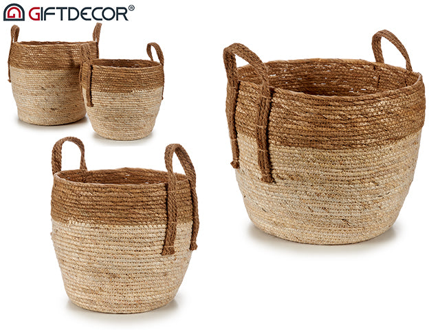 Set 2 Straw Baskets Round Bicolor