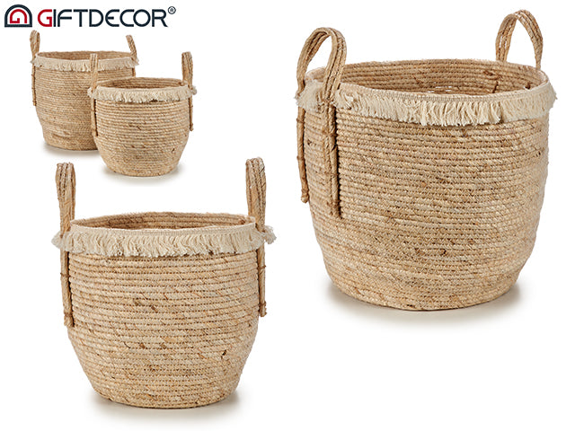 Set 2 Straw Baskets Round With Hair