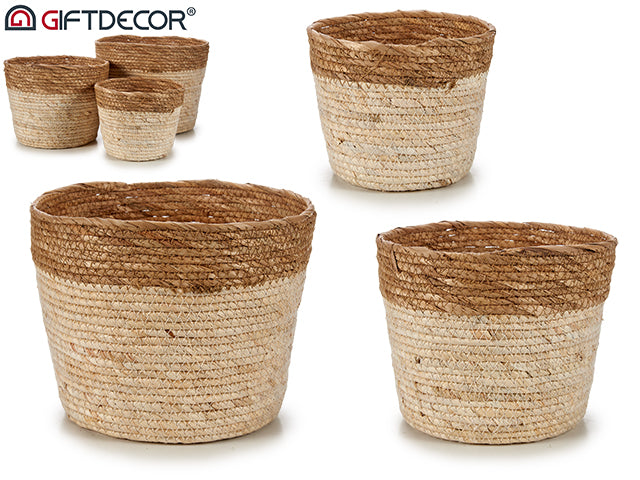 Set 3 Flower Pot Straw Round Bicolor