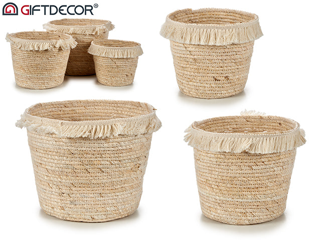 Set 3 Flower Pot Straw Round With Hair