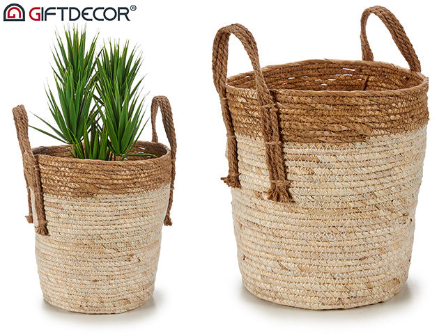 Flower Pot Round Straw Bicolo Wit Handle