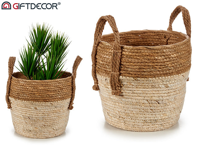 Flower Pot Round Straw Bicolo Wit Handle