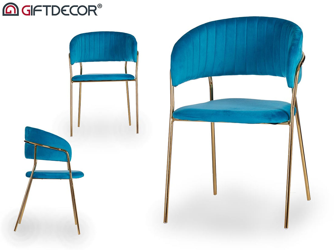 Gold Chromed Chair Upholstered Back Blue