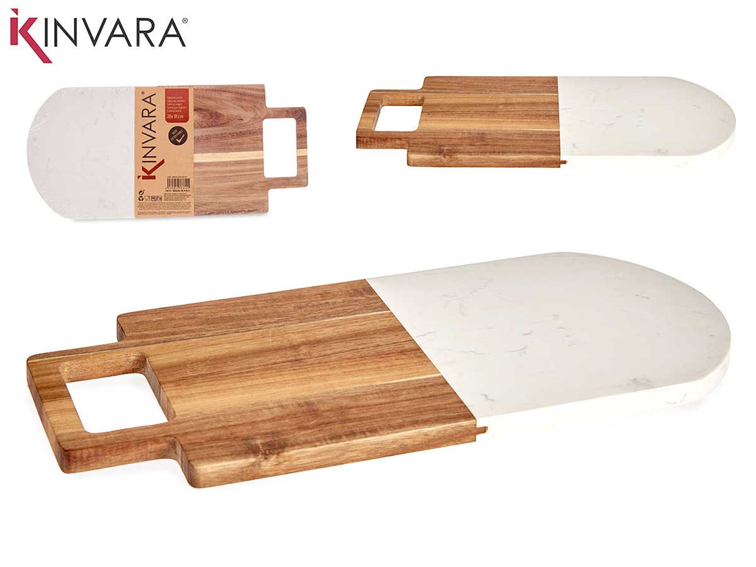 Wood And White Marble Cutting Board With Handle