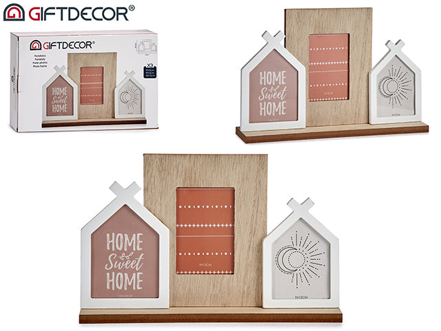 Triple Wood Photo Holder Houses