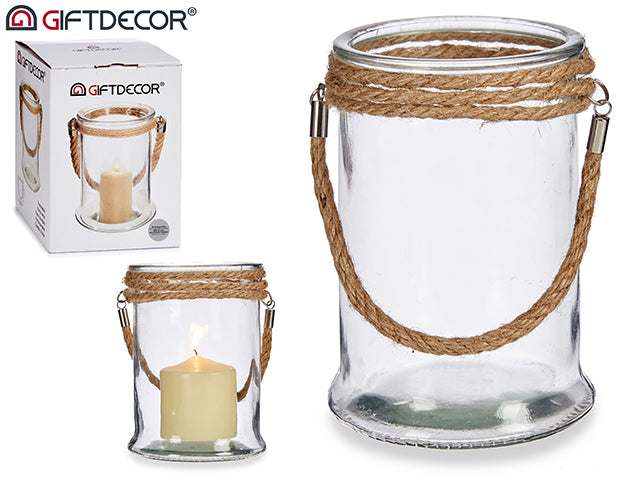 Glass Candle Holder W/Rope Handle Medium