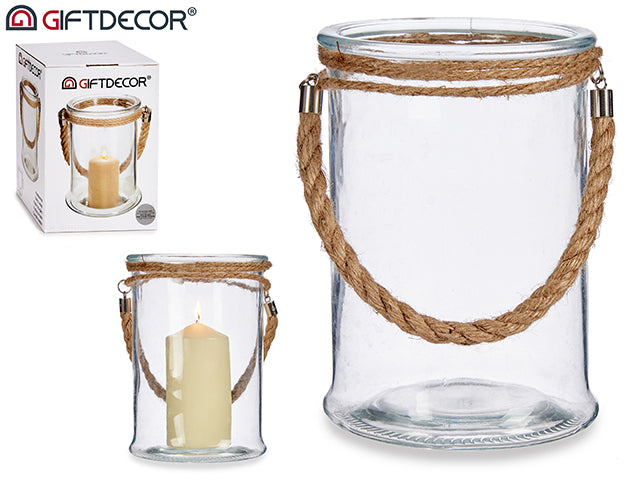 Glass Candle Holder W/Rope Handle Big