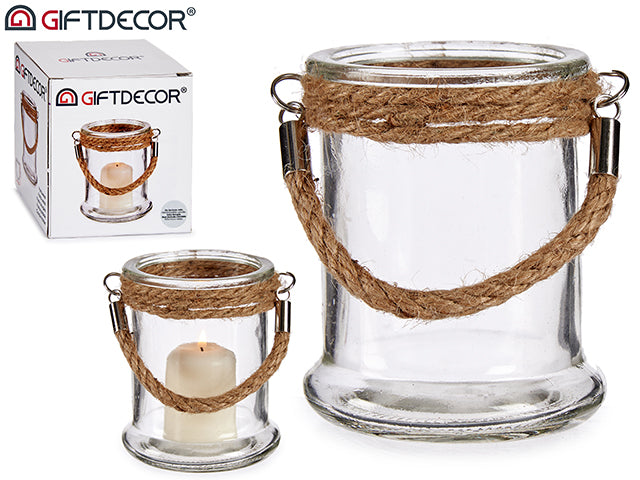 Small Glass Candle Holder W/Rope Handle