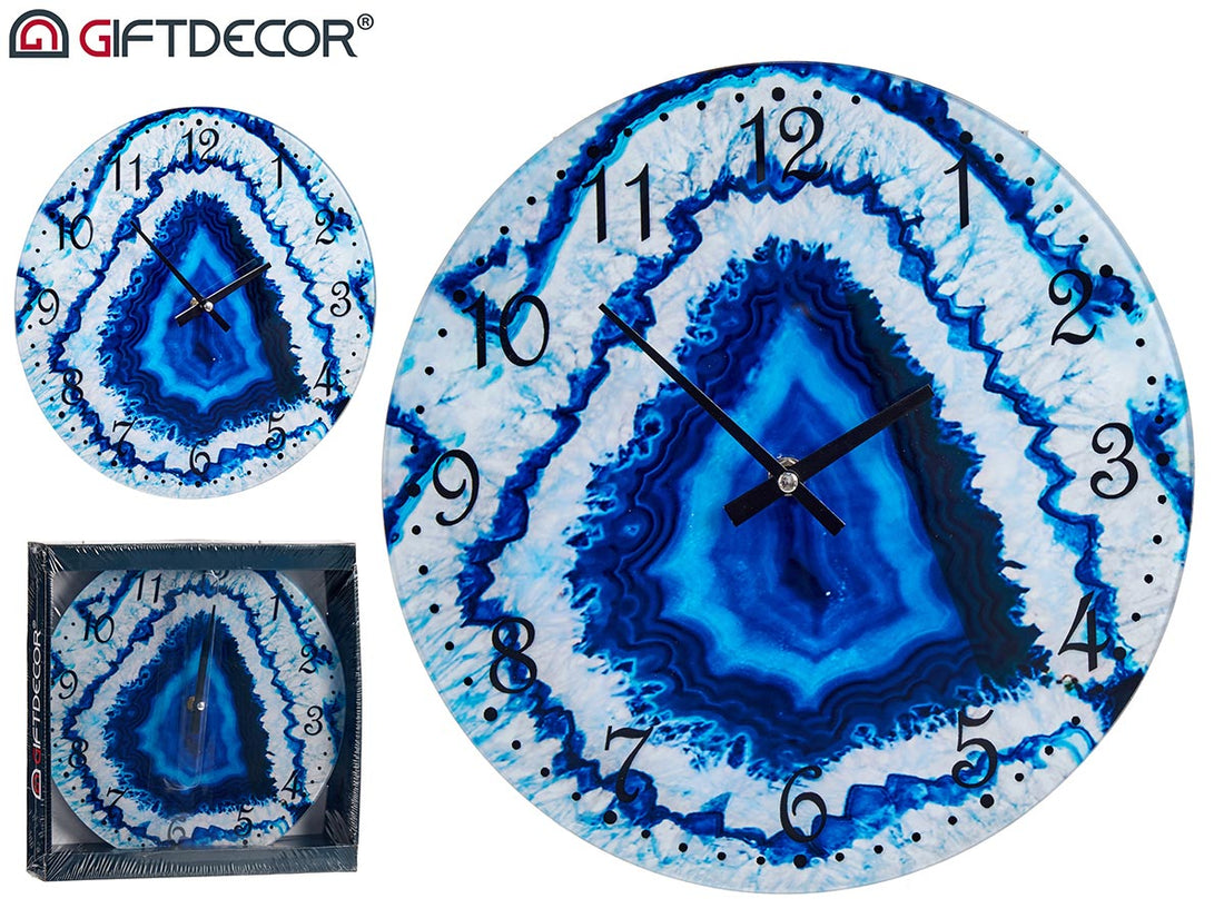 Reloj de pared de cristal efecto mármol azul 30 cm