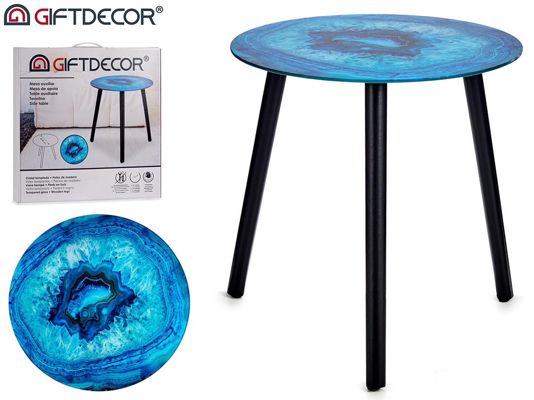 Turquoise Marble Effect Glass Table Black Legs